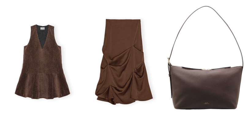 (圖/GANNI短洋裝、GANNI摺皺中長裙、A.P.C. VERA深咖肩背包)