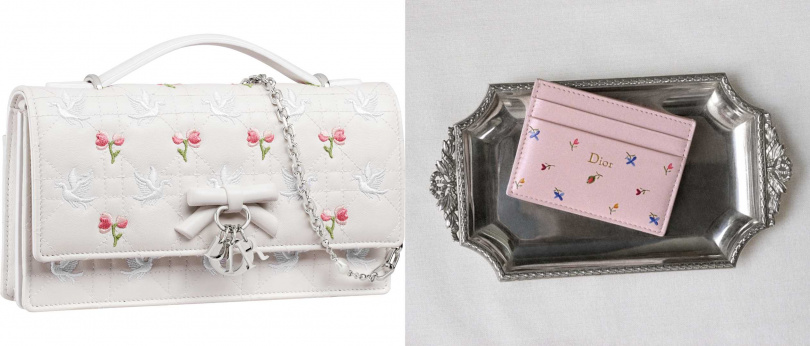 My Dior Doves & Roses 刺繡小羊皮迷你包／135,000元，Dioramour Dior Freesia 粉色Revolution Flowers印花卡夾／16,000元（圖／品牌提供）
