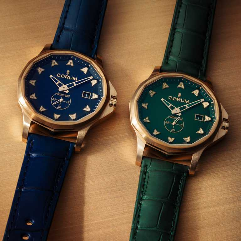 CORUM「Admiral 42 Automatic Bronze」海軍上將系列青銅腕錶，（左）海軍藍、（右）海洋綠款╱163,000元。（圖╱CORUM提供）