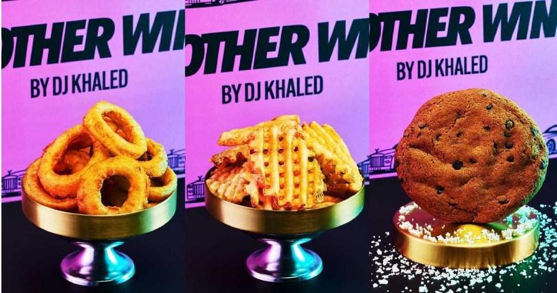 「I'm On One Onion Rings 洋蔥圈」（左起，150元）、「Winning Waffle Fries 薯格子」（100元）、「Don't Play Your Self Chocolate Chip Cookie 巧克力餅乾」（50元）。（圖／Just Kitchen提供）