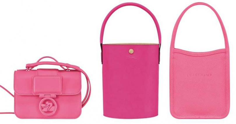 Longchamp BOX-TROT系列 斜揹袋XS (糖果粉)21,900元；ÉPURE系列  手提包 (紫紅色)13,100元；LE FOULONNÉ系列小提袋 (糖果粉)7,700元。（圖／品牌提供） 