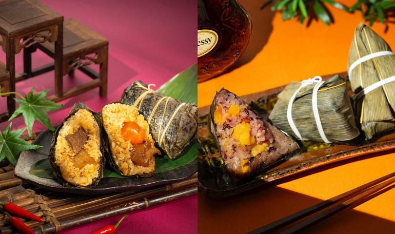 「麻辣雙寶牛肉粽」(左,310元/顆)嚴選美國牛肋條與澳洲牛筋,「軒尼詩X.O地瓜粽」融合軒尼詩X.O與雲林水林台農57號黃金地瓜,酒香馥郁、甘甜綿密。(188元/顆,圖/台北遠東香格里拉提供)