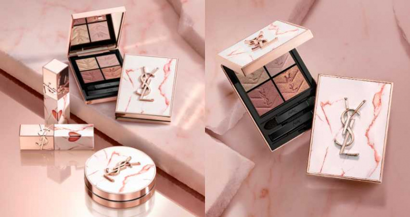 YSL 奢華印記鎖心光唇釉 #610/1,650元、 #442/1,650元、時尚四色眼影盤 #825心動烙印/3,100元、超模光感精華水氣墊 #B10/3,180元(圖/品牌提供)