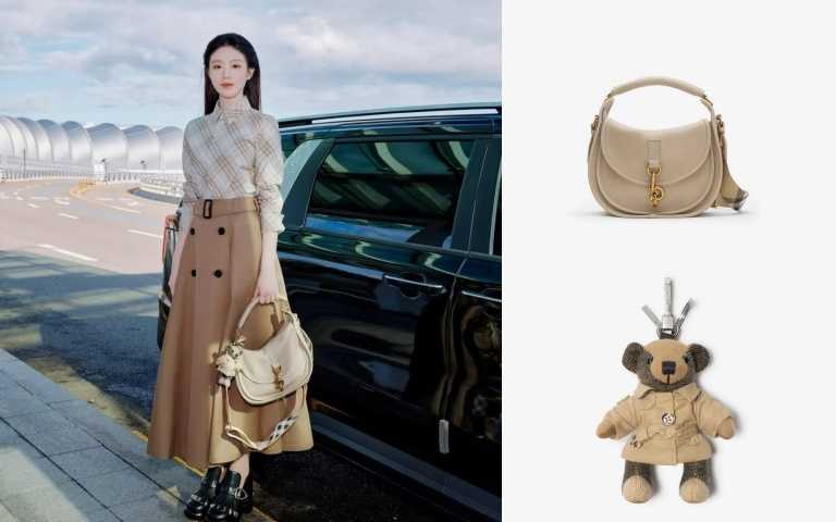 舒華以Burberry格紋襯衫、Gabardine風衣式中長裙,搭配蕈米色小型B Clip信差包與Thomas泰迪熊吊飾現身仁川機場。(圖/品牌提供、翻攝自網路)