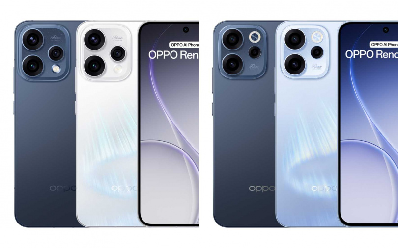(左)Reno15極光白與蒼穹藍、(右)Reno15F極光藍與蒼穹藍。(圖/OPPO提供)