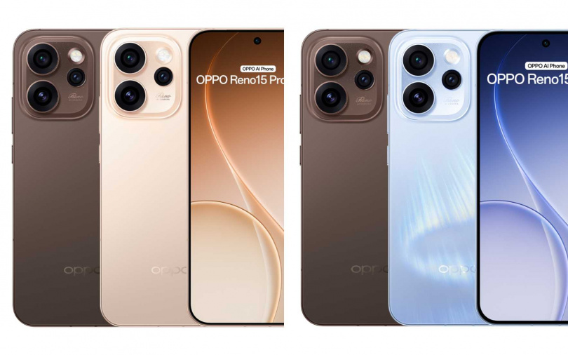 (左)Reno15 Pro Max暮光金與夜漠棕、(右)Reno15 Pro極光藍與夜漠棕。(圖/OPPO提供)