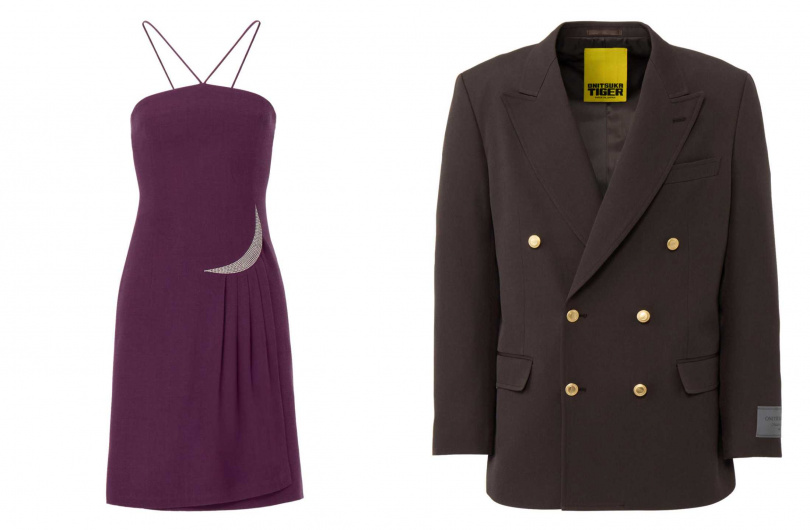 紫色打摺設計細肩帶洋裝、男款深棕色雙排釦西裝外套(圖/品牌提供)