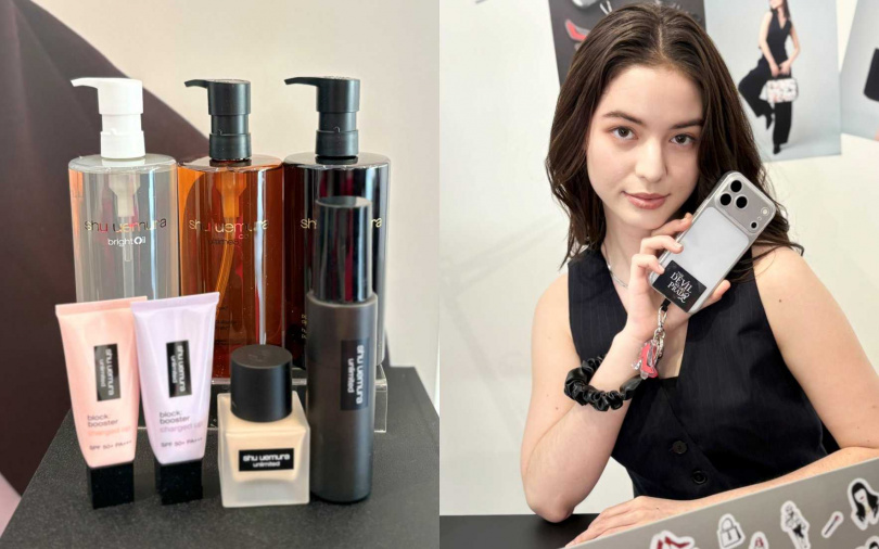 植村秀是超快充亮顏乳、山茶花精萃奢養潔顏油x電影限定款手機掛飾貼紙組的組合。（圖／吳雅鈴攝）