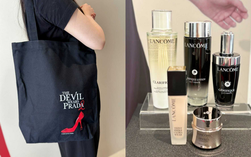 蘭蔻祭出小黑瓶PRO和零粉感超持久粉底液的優惠，送的是電影限定款托特包貼紙組。（圖／吳雅鈴攝）