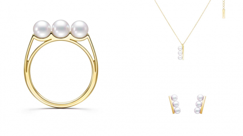 TASAKI balance light 阿古屋珍珠 & 18K黃金戒指／52,500元、TASAKI balance plus neo 阿古屋珍珠 & 18K黃金項鍊／75,000元、TASAKI balance neo 阿古屋珍珠 ＆ 18K黃金耳環／93,900元（圖／品牌提供）