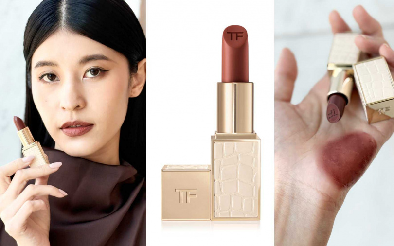 模特兒實擦TOM FORD縱情香草限量設計師唇膏#17 Understated。（圖／吳雅鈴攝、品牌提供）