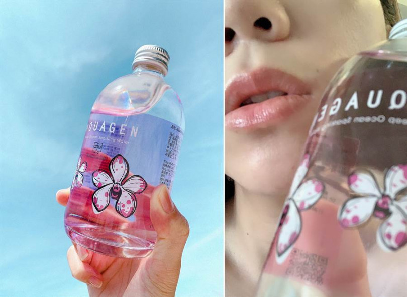 AQUAGEN*Blossom Studio曉‧花事「海洋深層水」的透明玻璃瓶身搭配粉色蘭花外包裝，讓人喝完它也會捨不得丟吧。