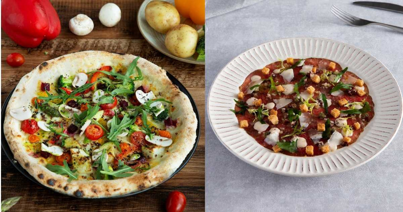 LA ONE Pizza「說蔬人」口味披薩（左）、特色前菜「生醃牛肉」。（圖／LA ONE提供）