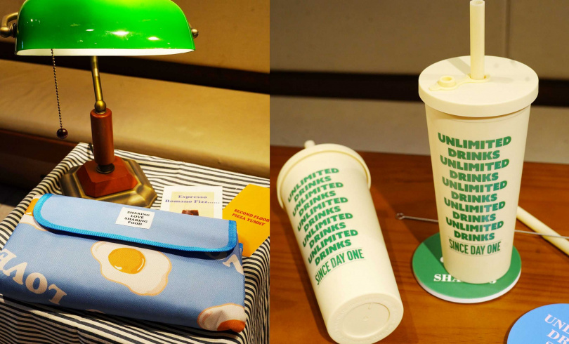 此次推出適合帶到戶外的荷包蛋圖案野餐墊（左）與「UNLIMITED DRINKS印字環保水杯」。（圖／魏妤靜攝）