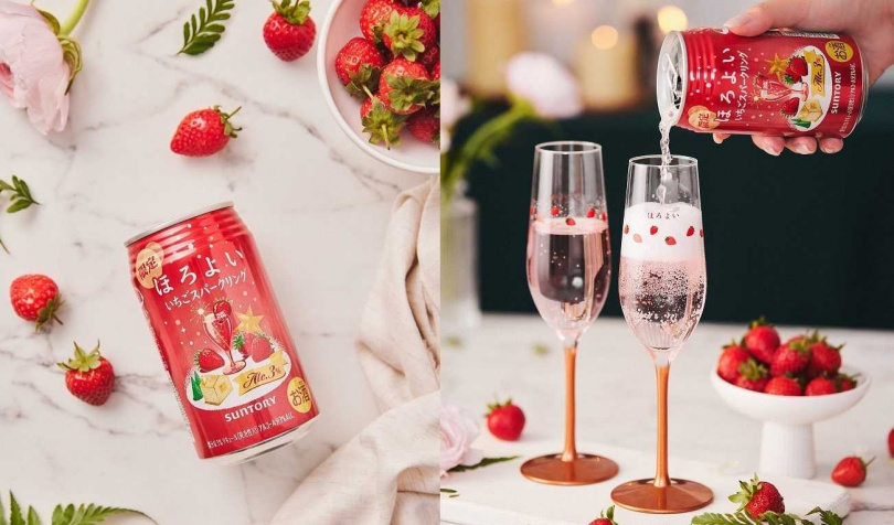 「草莓奢華氣泡」瓶身（左）有充滿冬季節慶感的點心盤設計，因應新品上市還推出「輕奢草莓香檳杯」集點贈活動。（圖／三得利微醉提供）