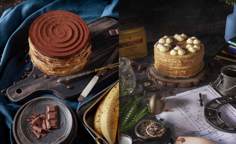 「樓奇壹號咖啡館╳築甜製菓」的千層蛋糕很受歡迎，圖為巧克力香蕉（左）及唐寧伯爵奶茶口味。