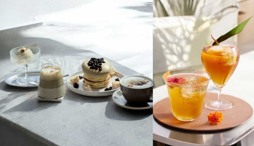 堁夏咖啡推出宮崎焙茶午茶系列(左)、CHER AQUA 蒔. 瀞設計兩款茶酒。(圖/宮崎物產祭提供)