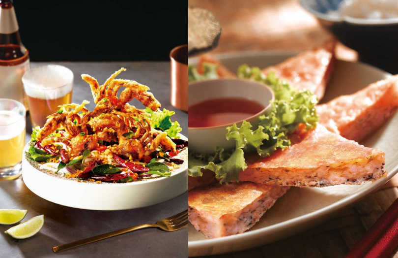 瓦城及非常泰同步販售的「泰式酥炸軟殼蟹」(左)、「黑松露月亮」。(圖/瓦城泰統集團提供)