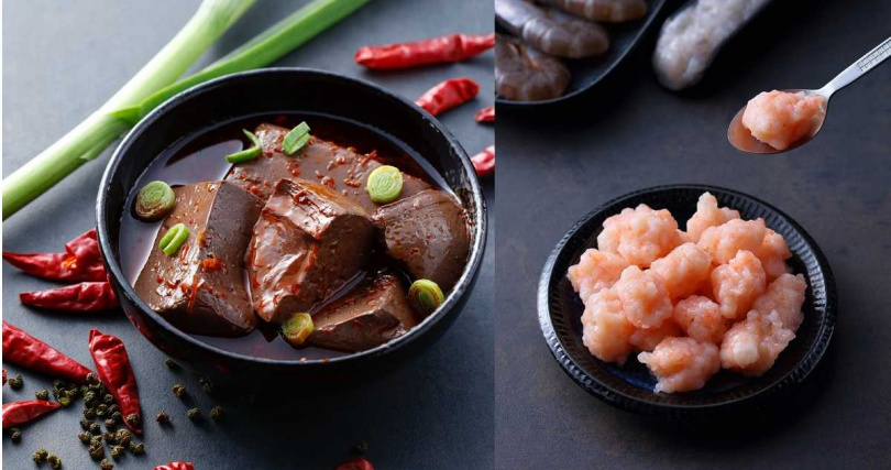 全新升級的「那個麻辣鴨血」口感水潤(左,50元/份)、品牌推薦加點的「完美蝦滑」會於點餐後直接幫你煮進酸菜魚中。(168元/份,圖/刁民酸菜魚提供)