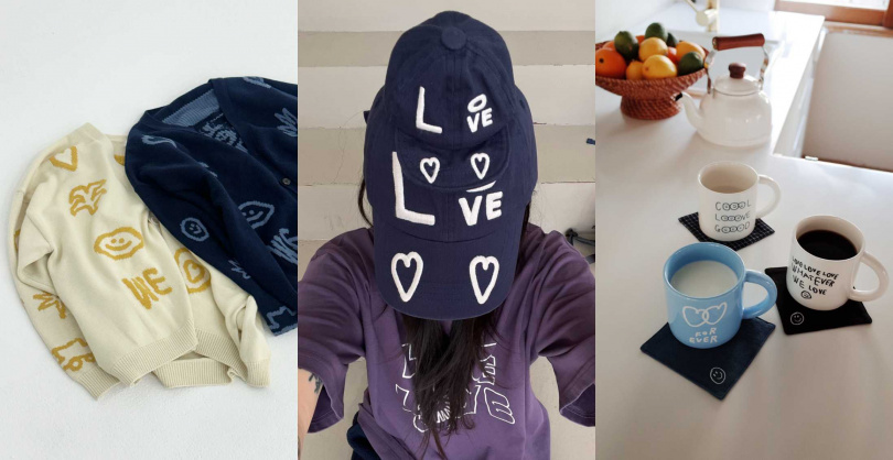 推薦必買:塗鴉開襟毛衣外套/3,980元;塗鴉棒球帽-海軍藍 /1,580元;塗鴉馬克杯/590元(圖/品牌提供)
