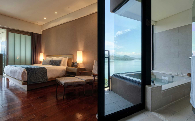 魚池鄉「雲品溫泉酒店日月潭」飯店坐落日月潭湖畔並榮獲永續認證，讓旅人在絕美湖光中享受洗滌身心的療癒好眠。（圖／Booking.com提供）