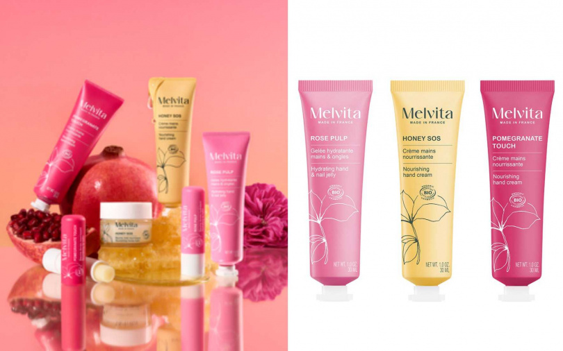Melvita玫瑰潤澤護手霜30ml/420元、花蜜滋養修護手霜30ml/420元、紅石榴豐潤護手霜30ml/420元(圖/品牌提供)
