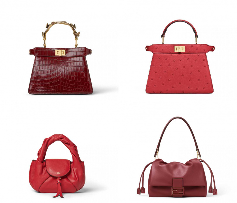 Peekaboo ISeeU 酒紅色鱷魚皮包款、Peekaboo ISeeU 紅色鴕鳥皮包款、FENDI Spy Bag紅色皮革迷你包款、Mamma Baguette中型包款（圖／品牌提供）