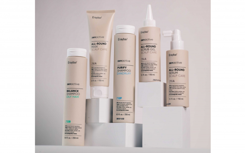 Erayba全新「淨活平衡系列」，從頭皮微生態出發，推出包含「去角質凝膠」、「頭皮髮膜」、「頭皮精華」、「控油洗髮精」與「去屑洗髮精」共5支品項，以精準且完整的頭皮養護步驟，維持油脂分泌與頭皮舒適度的平衡。（圖／品牌提供）