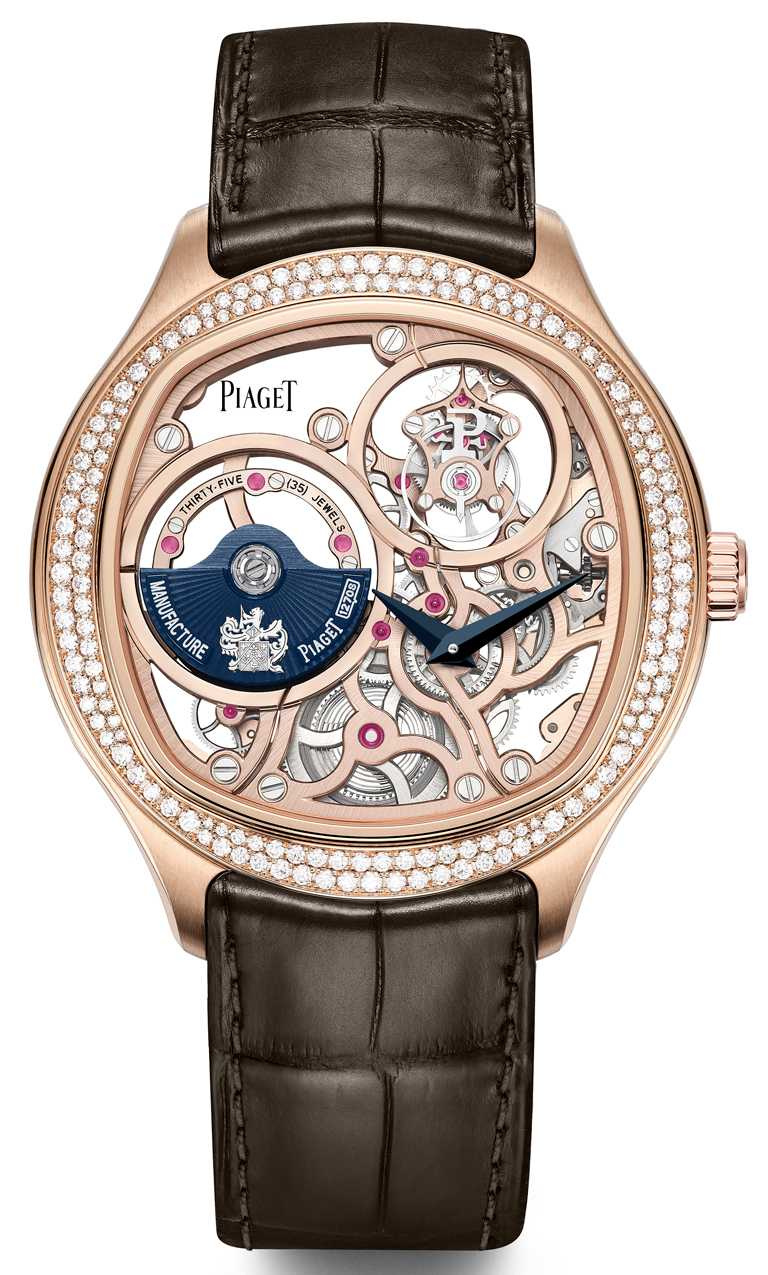 PIAGET「Polo Emperador系列」自動上鍊鏤空超薄飛行陀飛輪鑲鑽腕錶，玫瑰金款，限量8只╱9,350,000元。（圖╱PIAGET提供）