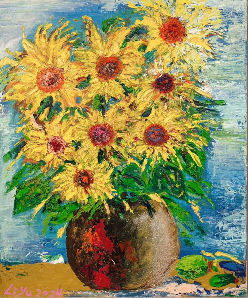 陳力瑜油畫作品太陽花，榮獲第26屆國際書畫交流展東京都美術館／銀獎。（圖／陳力瑜提供）