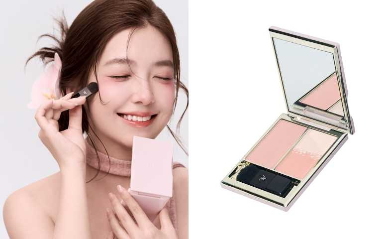 A.M Fairyland澎澎秘光小臉盤-粉粉馥美(粉粉白桃) 10g /1,180元。(右上) 聚光粉 : 聚光澎亮,提亮眼下,法令區陰影。(右下)柔嫩粉 : 修飾氣色,提亮面中凹陷,自然過度紅暈。(左)光束澎亮 : 加強臉部光澤及立體感。(圖/品牌提供)