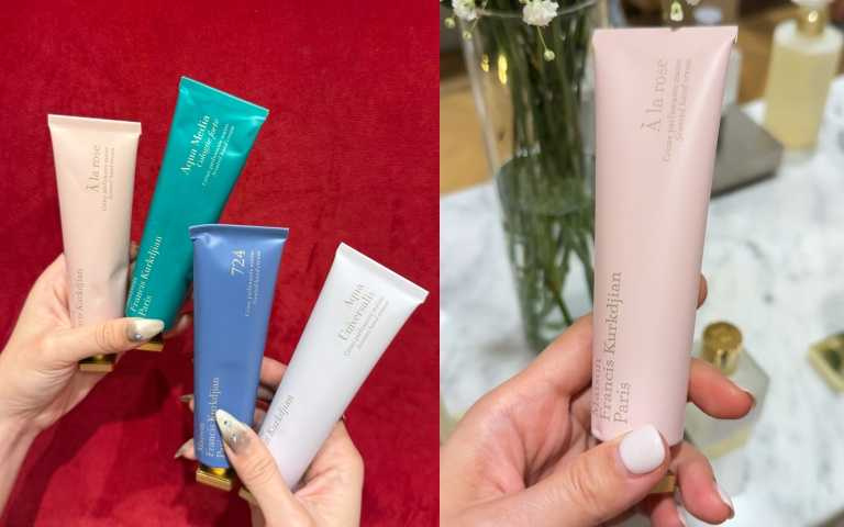 Maison Francis Kurkdjian四款新款護手霜。右邊為 À la rose 愛戀玫瑰香氛護手霜 70ml / 1,900元。(圖/黃筱婷攝)