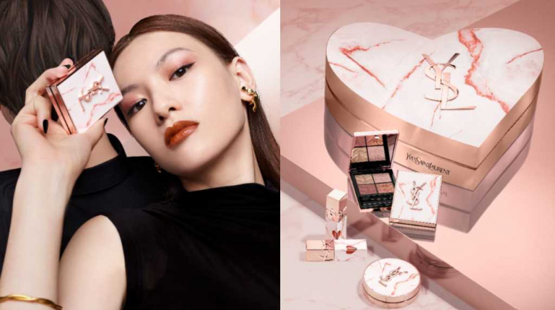 YSL 奢華印記鎖心光唇釉 #610/#442 各1,650元;YSL 超模光感精華水氣墊 #B10 3,180元;YSL 時尚四色眼影盤 #825心動烙印 3,100元(圖/品牌提供)