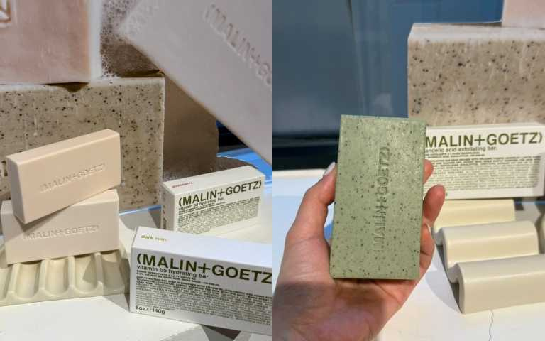 (MALIN+GOETZ) 香氛潔膚皂系列 #草莓、萊姆酒口味,140g / 各760元;(右)(MALIN+GOETZ) 尤加利杏仁酸去角質皂(圖/黃筱婷攝)