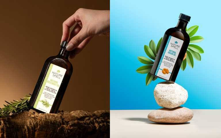 (左)Nature Spell 迷迭香油150ml／699元，純素Vegan配方，頭皮護理＋臉部調理一次完成。(右)Nature Spell 摩洛哥堅果油150ml／699元，清爽不黏膩，從頭髮用到身體全能型保養。（圖／品牌提供）