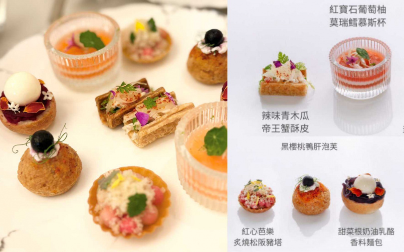 鹹點部分豪邁用上帝王蟹與鴨肝,擺盤精緻得像藝術品,吃一口直接滿足對高奢美食的想像。(圖/吳雅鈴攝、品牌提供)