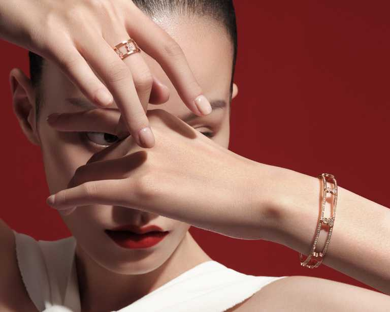 Qeelin「Wulu」系列，（左）18K玫瑰金葫蘆鑲鑽戒指╱118,000元；（右）18K玫瑰金全鑲鑽手鐲╱價格店洽。（圖╱Qeelin提供）