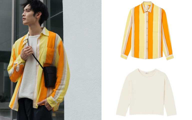 曹佑寧身穿的SANDRO HOMME橘黃色直條紋襯衫／9,590元、SANDRO HOMME米白色針織上衣／10,390元（圖／品牌提供）