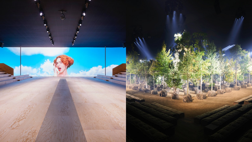 左為LV以永續林木打造的原木秀場，右為Dior以164棵樹構築出的室內花園。（圖／品牌提供）