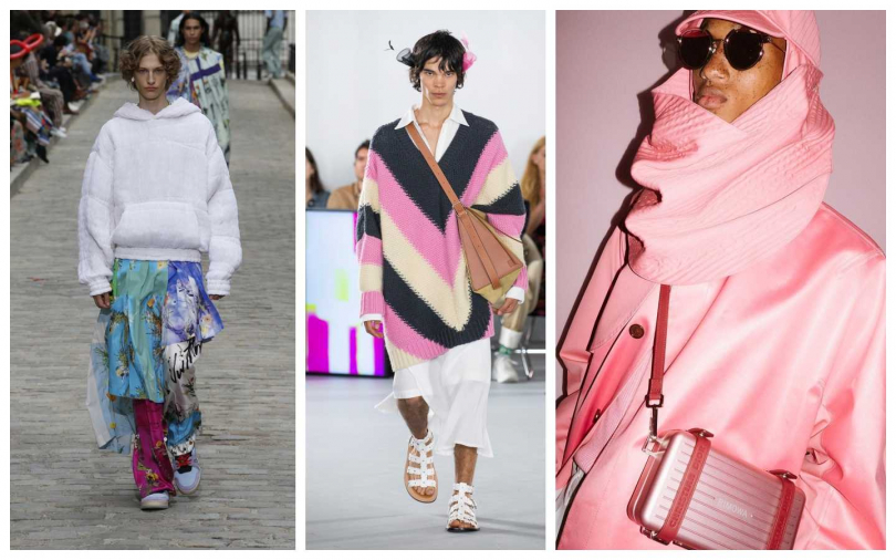 裙裝、寬大粉色毛衣、透視感紗裙和粉嫩色包款配件，今年的男裝也太令人喜歡了。(左)Louis Vuitton、(中)Loewe、(右)DIOR and RIMOWA 聯名系列粉色手拿包 /80,300元。（圖／品牌提供）