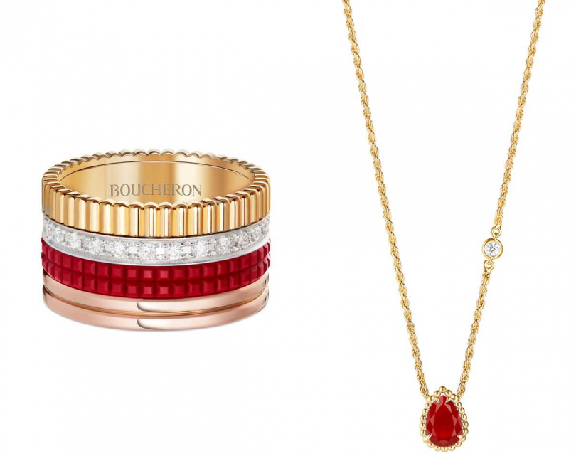 Boucheron「Quatre Red」系列，（左）黃金、玫瑰金、白金及紅色陶瓷鋪鑲鑽石指環╱264,000元；（右）「Serpent Bohème」系列，鑲嵌單顆鑽石及紅玉髓黃金材質吊墜╱51,000元（圖片提供╱Boucheron）