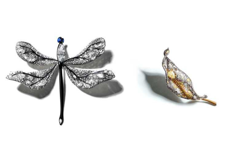 左為馮德倫配戴的CINDY CHAO 二十周年系列蜻蜓胸針、右為林熙蕾配戴 CINDY CHAO  四季系列長葉胸針：金秋（圖／品牌提供）