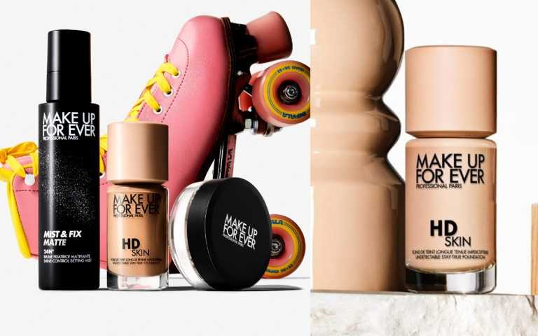 (左)MAKE UP FOR EVER HD SKIN 粉無痕持久粉底液30ml / 1,900元;MAKE UP FOR EVER 超光肌控油定妝噴霧 #黑特霧100ml/1,200元,加購價600元、粉無痕柔霧輕感修片蜜粉。(右)MAKE UP FOR EVER HD SKIN 粉無痕持久粉底液30ml / 1,900元;(圖/品牌提供)