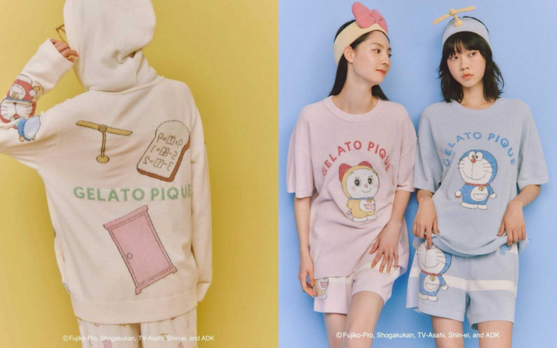 哆拉A夢提花休閒上衣&短褲SET／4,660元、哆啦A夢提花針織連帽外套／3,920元（圖／品牌提供）