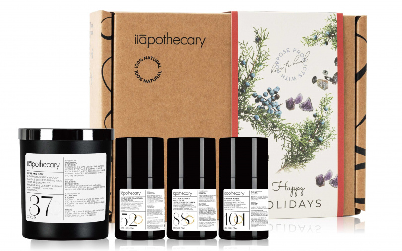 ilapothecary暖光香氛療癒組/2,580元 內含No.37悠活當下精油蠟燭30cl+No.52 澄淨白千層髮浴40ml+No.101 SOS香莢蘭平衡沐浴乳40ml+No.88澄靜苦橙葉護手身體乳40ml。(圖/品牌提供)