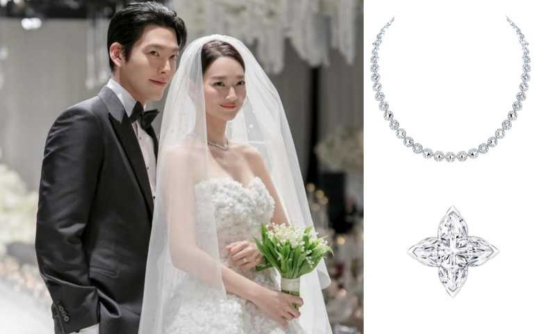 Elie Saab 2026 春季系列婚紗 / 約 901,246 元（28,600美元）、Louis Vuitton Galaxie 頂級珠寶系列項鍊 / 6,750,000 元、Louis Vuitton LV Diamonds 鑽石耳環 / 價格店洽。（圖／品牌提供）