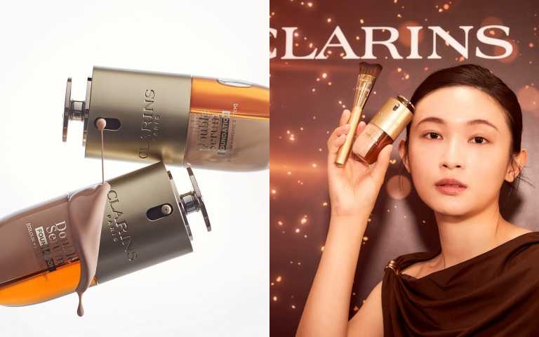 克蘭詩黃金雙萃精華粉底液30ml／2,650元、拉提粉底刷／1,650元。（圖／品牌提供）