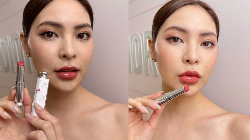 #306蜜糖裸粉為柔霧裸粉調，上唇後讓唇色更乾淨細緻​。迪奧癮誘鏡面水光唇膏2.7g / 1,600元（圖／tingting攝）