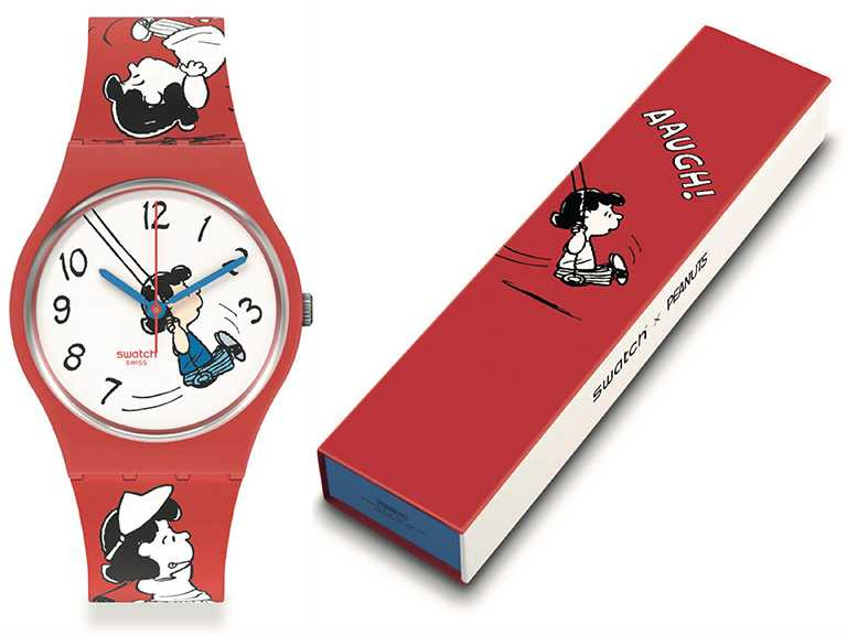 Swatch X Peanuts聯名系列腕錶，「KLUNK!盪鞦韆的露西」錶款，34mm╱2,700元。（圖╱swatch提供）