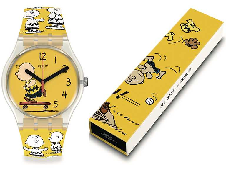 Swatch X Peanuts聯名系列腕錶，「Pow Wow揮棒吧！查理布朗」錶款，41mm╱3,150元。（圖╱swatch提供）